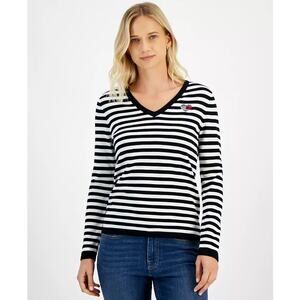 Tommy Hilfiger Women's Striped V-Neck Long-Sleeve Sweater Sz M NWT